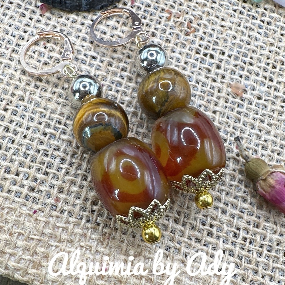 Big Tiger’s Eye/dangle  drop earrings /worry stone/courage and protection